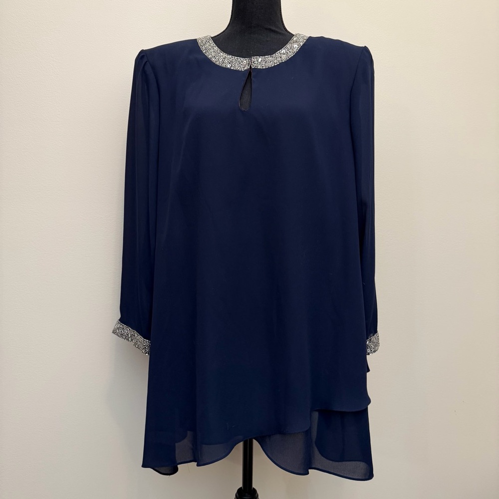 Vintage Cachet Women’s Navy Blouse Silver Beading Keyhole Neck Plus Size‎ Flowy